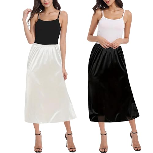 OBBUE 2pc Damen Petticoat Unterrock Lange Antistatisch Rock Satin für Unterkleider 31" Black and White Medium von OBBUE