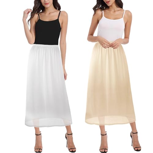 OBBUE 2 Stück Lang Röcke für Damen Unterrock Petticoat für Unter Kleider Extender Unterrock 31" White and Champagne Small von OBBUE