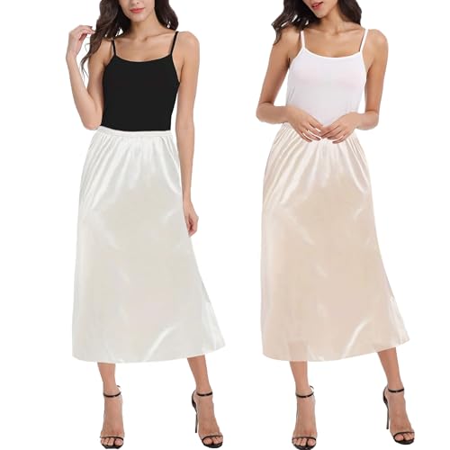 OBBUE 2pc Damen Petticoat Unterrock Lange Antistatisch Rock Satin für Unterkleider 31" White and Champagne X-Large von OBBUE