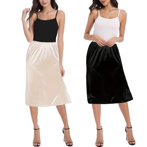 OBBUE 2pc Damen Petticoat Unterrock Lange Antistatisch Rock Satin für Unterkleider 24" Black and Champagne Large von OBBUE