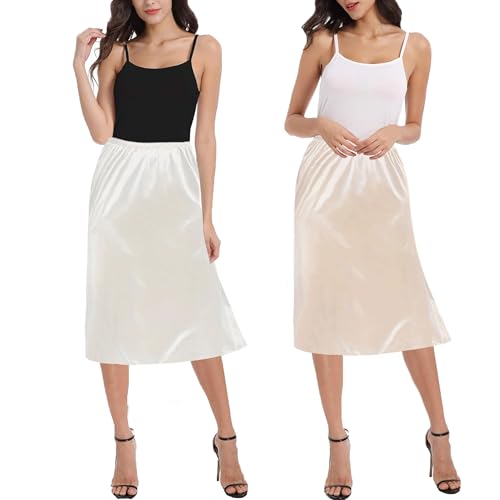 OBBUE 2pc Damen Petticoat Unterrock Lange Antistatisch Rock Satin für Unterkleider 24" White and Champagne XX-Large von OBBUE