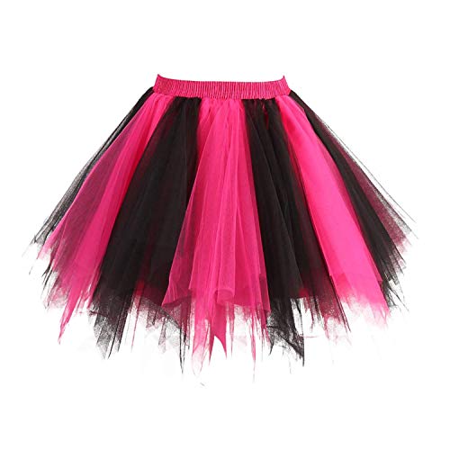 OBBUE Damen 1950er Vintage Ballett Blase Tutu Unregelmäßig Tüll Retro Petticoat Schwarz-Fuchsie-XXL von OBBUE