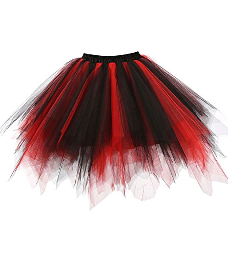 OBBUE Damen 1950er Vintage Ballett Blase Tutu Unregelmäßig Tüll Retro Petticoat Schwarz-Rot-M von OBBUE