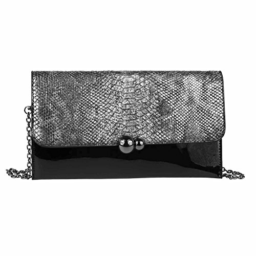 Damen Abendtasche Clutch Pochette Umschlag-Tasche Reptilprägung Kettentasche Unterarmtasche Handtasche Schultertasche Umhängetasche Silber von OBC Only-Beautiful-Couture