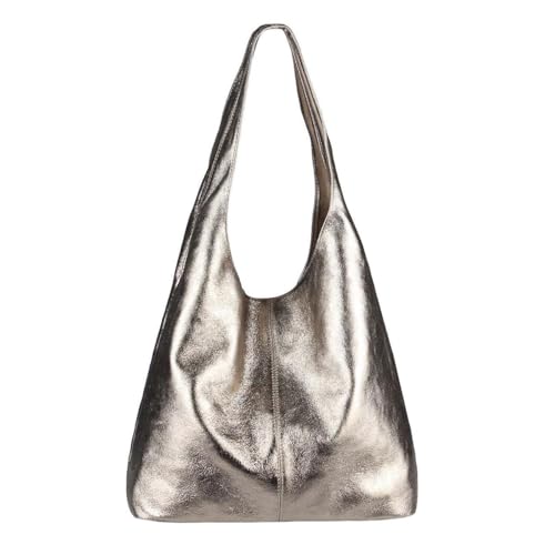 OBC Made IN Italy Damen Leder Hand-Tasche METALLIC Shopper Schultertasche Hobo-Bag Henkeltasche Beuteltasche (Champagne-Metallic) von OBC Only-Beautiful-Couture