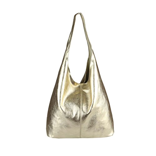 OBC Made IN Italy Damen Leder Hand-Tasche METALLIC Shopper Schultertasche Hobo-Bag Henkeltasche Beuteltasche Gold von OBC Only-Beautiful-Couture