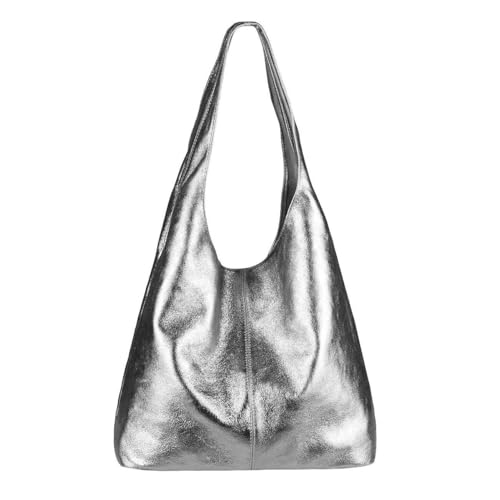 OBC Made IN Italy Damen Leder Hand-Tasche METALLIC Shopper Schultertasche Hobo-Bag Henkeltasche Beuteltasche Silber (Anthrazit-Metallic) von OBC Only-Beautiful-Couture