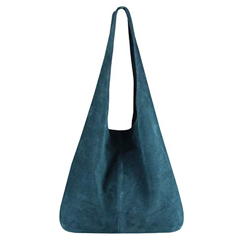 OBC Made IN Italy Damen Leder Tasche Shopper Schultertasche Hobo-Bag Henkeltasche Beuteltasche Handtasche Wildleder (Petrol (Wildleder)) von OBC Only-Beautiful-Couture