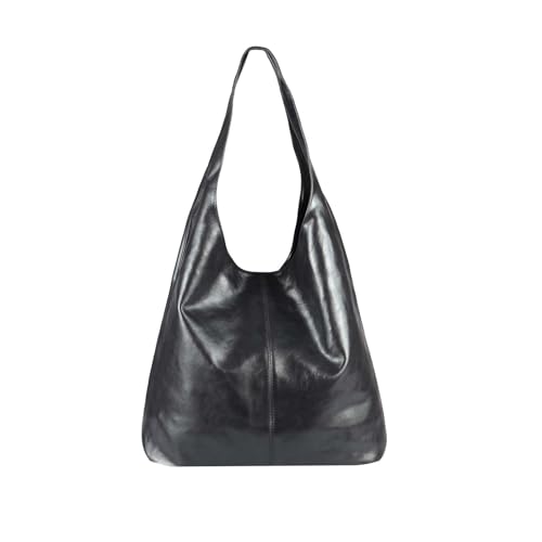 OBC Made IN Italy Damen Leder Hand-Tasche METALLIC Shopper Schultertasche Hobo-Bag Henkeltasche Beuteltasche Silber (Schwarz-Metallic) von OBC Only-Beautiful-Couture