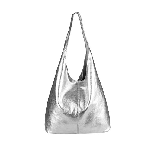 OBC Made IN Italy Damen Leder Hand-Tasche METALLIC Shopper Schultertasche Hobo-Bag Henkeltasche Beuteltasche Silber von OBC Only-Beautiful-Couture