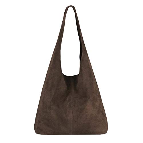 OBC Made IN Italy Damen Leder Tasche Handtasche Wildleder Shopper Schultertasche Hobo-Bag Henkeltasche Beuteltasche Velourleder (Dunkelbraun (Wildleder)) von OBC Only-Beautiful-Couture