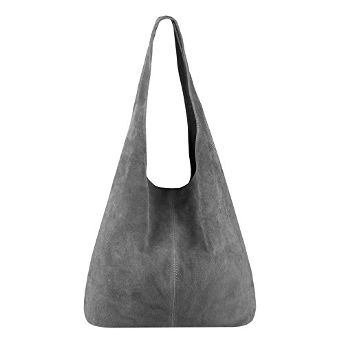 OBC Made IN Italy Damen Leder Tasche Handtasche Wildleder Shopper Schultertasche Hobo-Bag Henkeltasche Beuteltasche Velourleder (Dunkelgrau (Wildleder)) von OBC Only-Beautiful-Couture