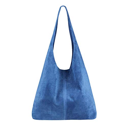 OBC Made IN Italy Damen Leder Tasche Handtasche Wildleder Shopper Schultertasche Hobo-Bag Henkeltasche Beuteltasche Velourleder (Jeansblau (Wildleder)) von OBC Only-Beautiful-Couture