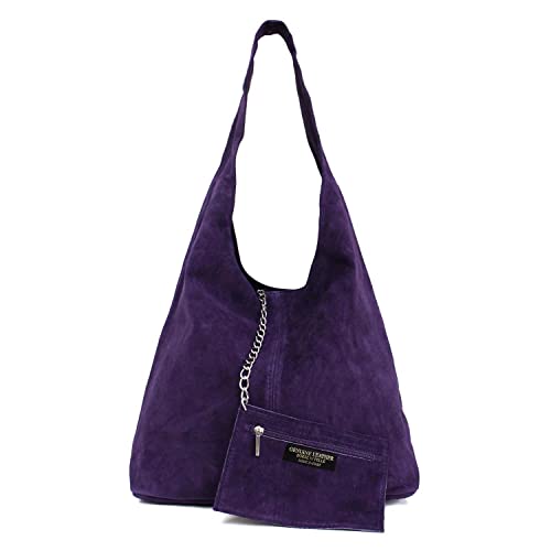 OBC Made IN Italy Damen Leder Tasche Handtasche Wildleder Shopper Schultertasche Hobo-Bag Henkeltasche Beuteltasche Velourleder (Lila (Wildleder)) von OBC Only-Beautiful-Couture