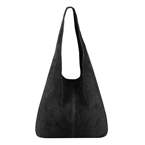 OBC Made IN Italy Damen Leder Tasche Handtasche Wildleder Shopper Schultertasche Hobo-Bag Henkeltasche Beuteltasche Velourleder (Schwarz (Wildleder)) von OBC Only-Beautiful-Couture