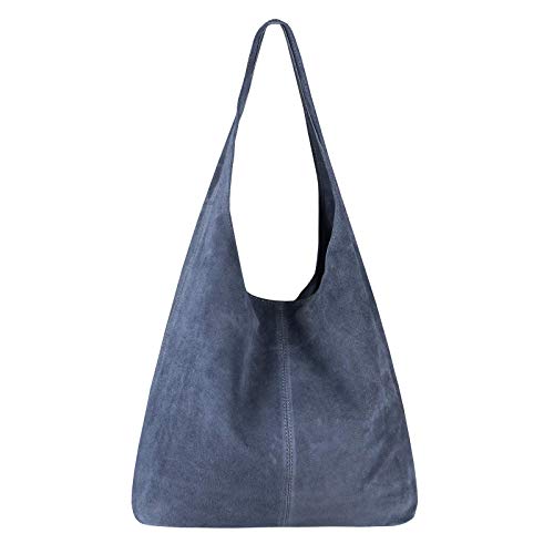 OBC Made IN Italy Damen Leder Tasche Shopper Schultertasche Hobo-Bag Henkeltasche Beuteltasche Handtasche Wildleder (Stahlblau (Wildleder)) von OBC Only-Beautiful-Couture