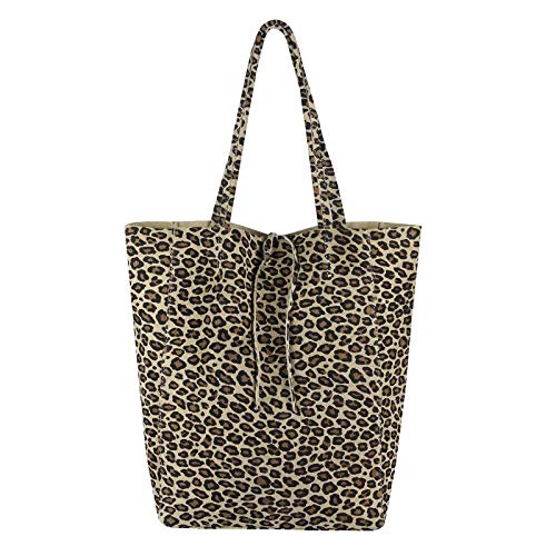 OBC Made in Italy Damen Echt Leder Tasche Din-A4 Leopard Shopper Schultertasche Tote Bag Handtasche Umhängetasche Beuteltasche Ledertasche (Beige.) von OBC Only-Beautiful-Couture