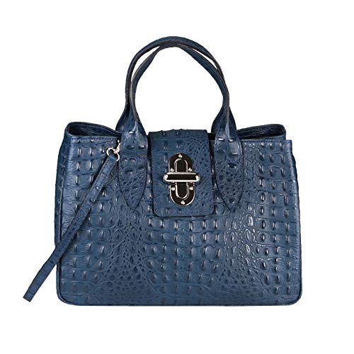 OBC Made in Italy Damen Echt Leder Tasche Kroko-Prägung Business Shopper Aktentasche Schultertasche Handtasche Ledertasche Umhängetasche Tote Bag (Blau (Kroko-Prägung)) von OBC Only-Beautiful-Couture