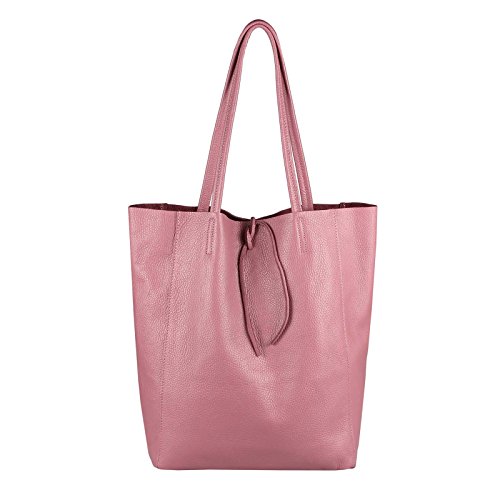 OBC Made in Italy Damen Leder Tasche DIN-A4 Shopper Schultertasche Henkeltasche Tote Bag Metallic Handtasche Umhängetasche Beuteltasche (Altrosa 36x40x12 cm) von OBC Only-Beautiful-Couture