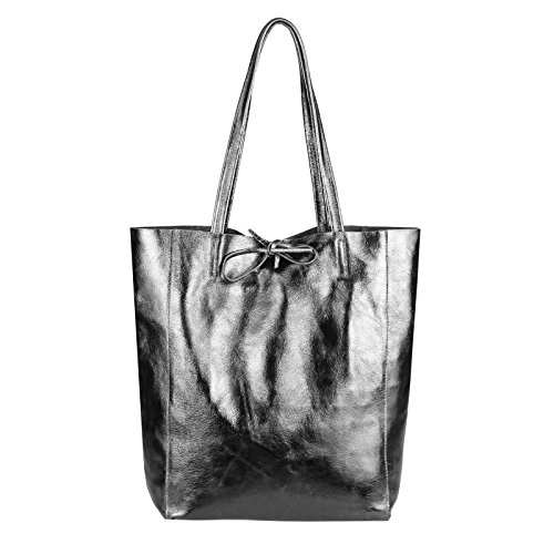 OBC Made in Italy Damen Leder Tasche DIN-A4 Shopper Schultertasche Henkeltasche Tote Bag Metallic Handtasche Umhängetasche Beuteltasche (Antiksilber) von OBC Only-Beautiful-Couture