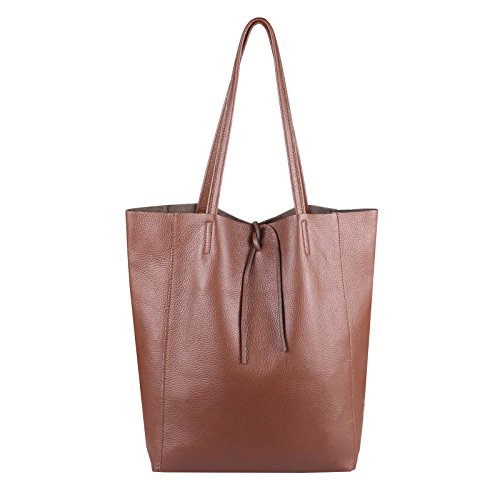 OBC Made in Italy Damen Leder Tasche DIN-A4 Shopper Schultertasche Henkeltasche Tote Bag Metallic Handtasche Umhängetasche Beuteltasche (Braun 36x40x12 cm) von OBC Only-Beautiful-Couture