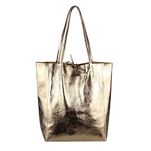 OBC Made in Italy Damen Leder Tasche DIN-A4 Shopper Schultertasche Henkeltasche Tote Bag Metallic Handtasche Umhängetasche Beuteltasche (Champagne-Metallic) von OBC Only-Beautiful-Couture