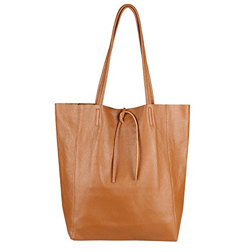 OBC Made in Italy Damen Leder Tasche DIN-A4 Shopper Schultertasche Henkeltasche Tote Bag Metallic Handtasche Umhängetasche Beuteltasche (Cognac 36x40x12 cm) von OBC Only-Beautiful-Couture