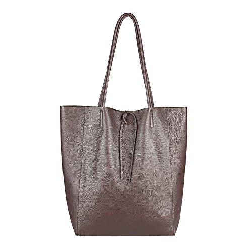 OBC Made in Italy Damen Leder Tasche DIN-A4 Shopper Schultertasche Henkeltasche Tote Bag Metallic Handtasche Umhängetasche Beuteltasche (Dunkelbraun 36x40x12 cm) von OBC Only-Beautiful-Couture