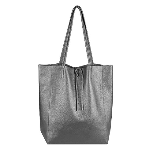 OBC Made in Italy Damen Leder Tasche DIN-A4 Shopper Schultertasche Henkeltasche Tote Bag Metallic Handtasche Umhängetasche Beuteltasche (Dunkelgrau 36x40x12 cm) von OBC Only-Beautiful-Couture