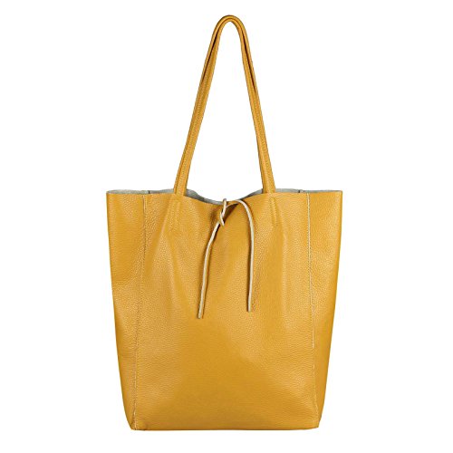 OBC Made in Italy Damen Leder Tasche DIN-A4 Shopper Schultertasche Henkeltasche Tote Bag Metallic Handtasche Umhängetasche Beuteltasche (Gelb 36x40x12 cm) von OBC Only-Beautiful-Couture