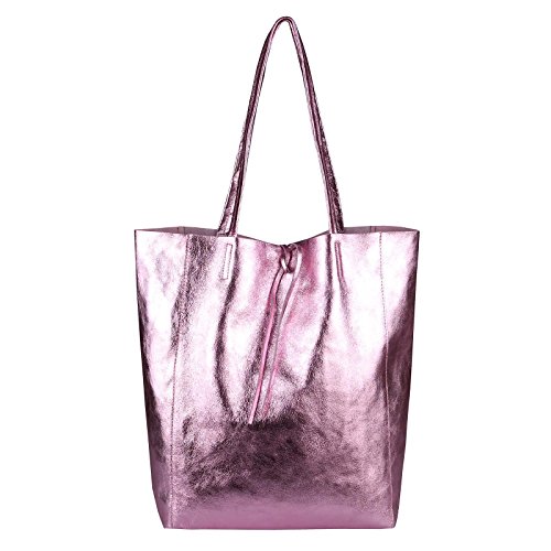 OBC Made in Italy Damen Leder Tasche DIN-A4 Shopper Schultertasche Henkeltasche Tote Bag Metallic Handtasche Umhängetasche Beuteltasche (Pink-Metallic) von OBC Only-Beautiful-Couture