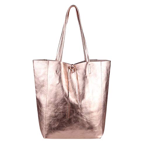 OBC Made in Italy Damen Leder Tasche DIN-A4 Shopper Schultertasche Henkeltasche Tote Bag Metallic Handtasche Umhängetasche Beuteltasche (Rosa-Metallic) von OBC Only-Beautiful-Couture