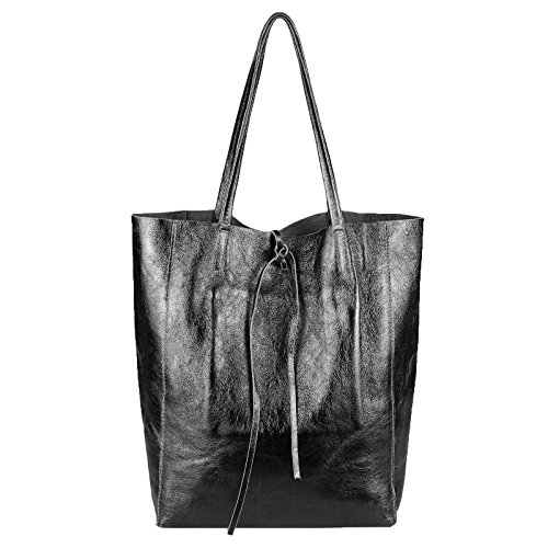 OBC Made in Italy Damen Leder Tasche DIN-A4 Shopper Schultertasche Henkeltasche Tote Bag Metallic Handtasche Umhängetasche Beuteltasche (Schwarz-Metallic) von OBC Only-Beautiful-Couture