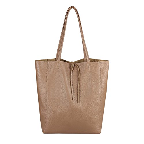 OBC Made in Italy Damen Leder Tasche DIN-A4 Shopper Schultertasche Henkeltasche Tote Bag Metallic Handtasche Umhängetasche Beuteltasche (Taupe 36x40x12 cm) von OBC Only-Beautiful-Couture