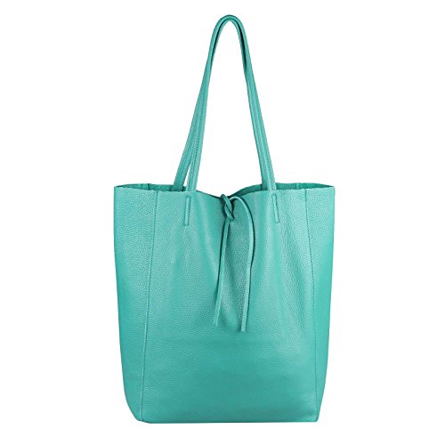 OBC Made in Italy Damen Leder Tasche DIN-A4 Shopper Schultertasche Henkeltasche Tote Bag Metallic Handtasche Umhängetasche Beuteltasche (Türkis) von OBC Only-Beautiful-Couture