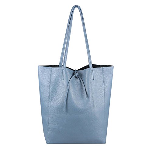 OBC Made in Italy Damen Leder Tasche DIN-A4 Shopper Schultertasche Henkeltasche Tote Bag Metallic Handtasche Umhängetasche Beuteltasche Ledertasche (Jeansblau) von OBC Only-Beautiful-Couture