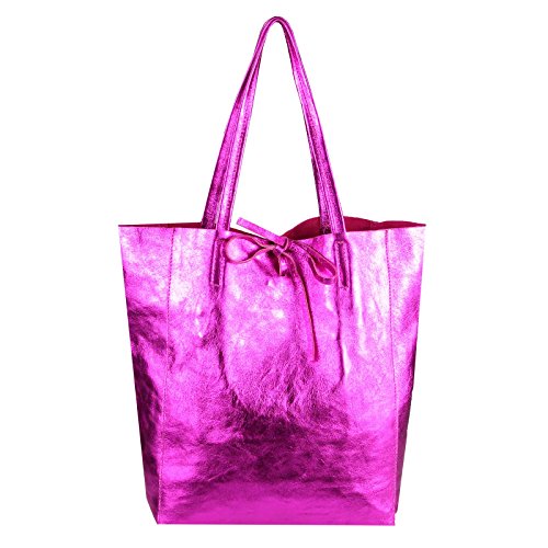 OBC Made in Italy Damen Leder Tasche DIN-A4 Shopper Tote Bag Henkeltasche Handtasche Umhängetasche Schultertasche (Pink.- Metallic) von OBC Only-Beautiful-Couture