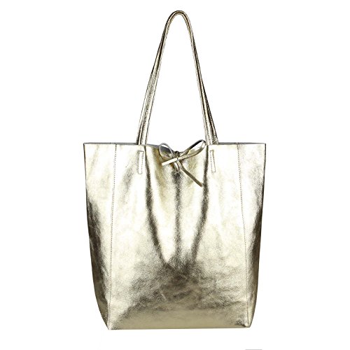 OBC Made in Italy Damen Leder Tasche Din-A4 Shopper Schultertasche Henkeltasche Tote Bag Metallic Handtasche Umhängetasche Beuteltasche (Gold-Metallic) von OBC Only-Beautiful-Couture