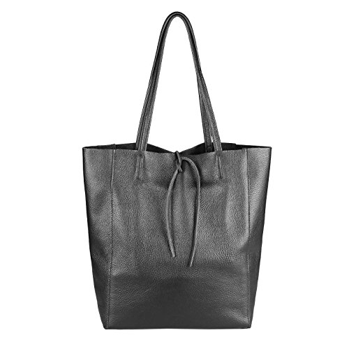 OBC Made in Italy Damen Leder Tasche Din-A4 Shopper Schultertasche Henkeltasche Tote Bag Metallic Handtasche Umhängetasche Beuteltasche (Schwarz 36x40x12 cm) von OBC Only-Beautiful-Couture