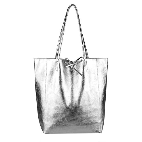 OBC Made in Italy Damen Leder Tasche Din-A4 Shopper Schultertasche Henkeltasche Tote Bag Metallic Handtasche Umhängetasche Beuteltasche (Silber 36x40x12 cm) von OBC Only-Beautiful-Couture