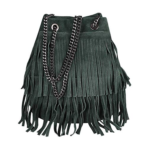 OBC Made in Italy Damen Leder Tasche Fransen Shopper Kettentasche Beutel Wildleder Handtasche Umhängetasche Bucket Bag Schultertasche Ledertasche (Dunkelgrün 20x25x19 cm) von OBC Only-Beautiful-Couture