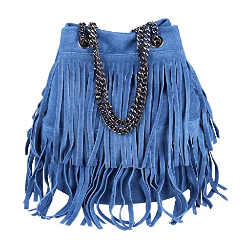 OBC Made in Italy Damen Leder Tasche Fransen Shopper Kettentasche Beutel Wildleder Handtasche Umhängetasche Bucket Bag Schultertasche Ledertasche (Jeansblau 20x25x19 cm) von OBC Only-Beautiful-Couture