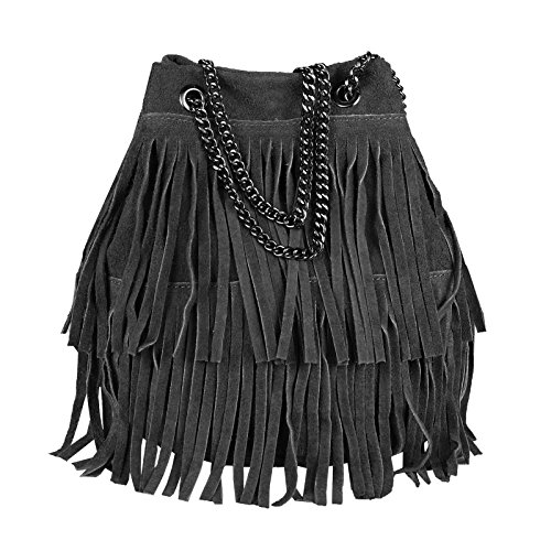 OBC Made in Italy Damen Leder Tasche Fransen Shopper Kettentasche Beutel Wildleder Handtasche Umhängetasche Bucket Bag Schultertasche Ledertasche (Schwarz 20x25x19 cm) von OBC Only-Beautiful-Couture