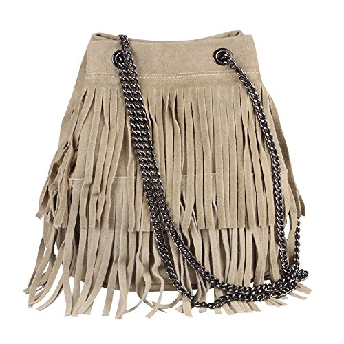 OBC Made in Italy Damen Leder Tasche Fransen Shopper Kettentasche Beutel Wildleder Handtasche Umhängetasche Bucket Bag Schultertasche Ledertasche (Taupe 20x25x19 cm) von OBC Only-Beautiful-Couture
