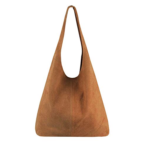 OBC Made in Italy Damen Leder Tasche Handtasche Wildleder Shopper Schultertasche Hobo-Bag Henkeltasche Beuteltasche Velourleder (Cognac (Wildleder)) von OBC Only-Beautiful-Couture