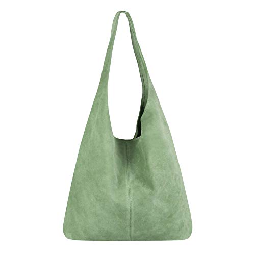 OBC Made in Italy Damen Leder Tasche Shopper Schultertasche Hobo-Bag Henkeltasche Beuteltasche Handtasche Reise (Pastell-Grün (Wildleder)) von OBC Only-Beautiful-Couture