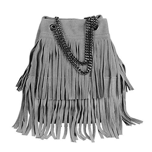 OBC Made in Italy Damen Tasche mit Kette/Kettentasche Bucket Bag Fransen Wildleder Kroko Handtasche Umhängetasche Schultertasche Beuteltasche (Dunkelgrau 20x25x19 cm) von OBC Only-Beautiful-Couture