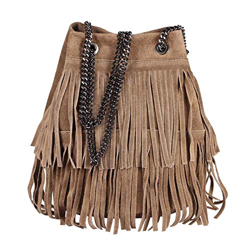 OBC Made in Italy Damen Tasche mit Kette/Kettentasche Bucket Bag Fransen Wildleder Kroko Handtasche Umhängetasche Schultertasche Beuteltasche (Dunkeltaupe 20x25x19 cm) von OBC Only-Beautiful-Couture