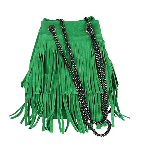 OBC Made in Italy Damen Tasche mit Kette/Kettentasche Bucket Bag Fransen Wildleder Kroko Handtasche Umhängetasche Schultertasche Beuteltasche (Grün 20x25x19 cm) von OBC Only-Beautiful-Couture