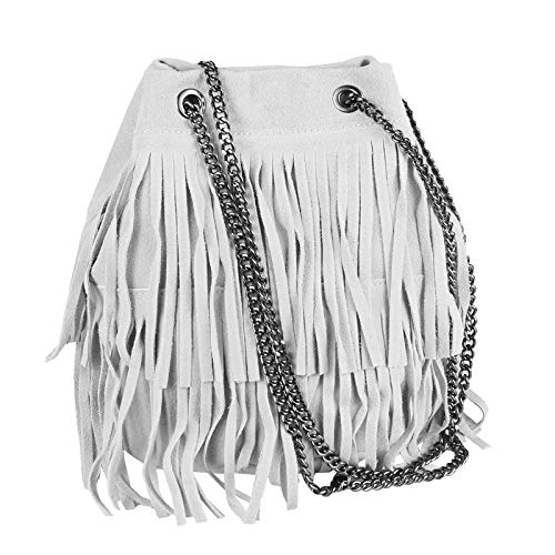 OBC Made in Italy Damen Tasche mit Kette/Kettentasche Bucket Bag Fransen Wildleder Kroko Handtasche Umhängetasche Schultertasche Beuteltasche (Hellgrau) von OBC Only-Beautiful-Couture
